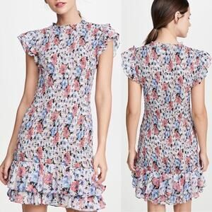 Veronica Beard Cici Mini Dress US 6 Colorful Floral Smocked Ruffle Celeb Style